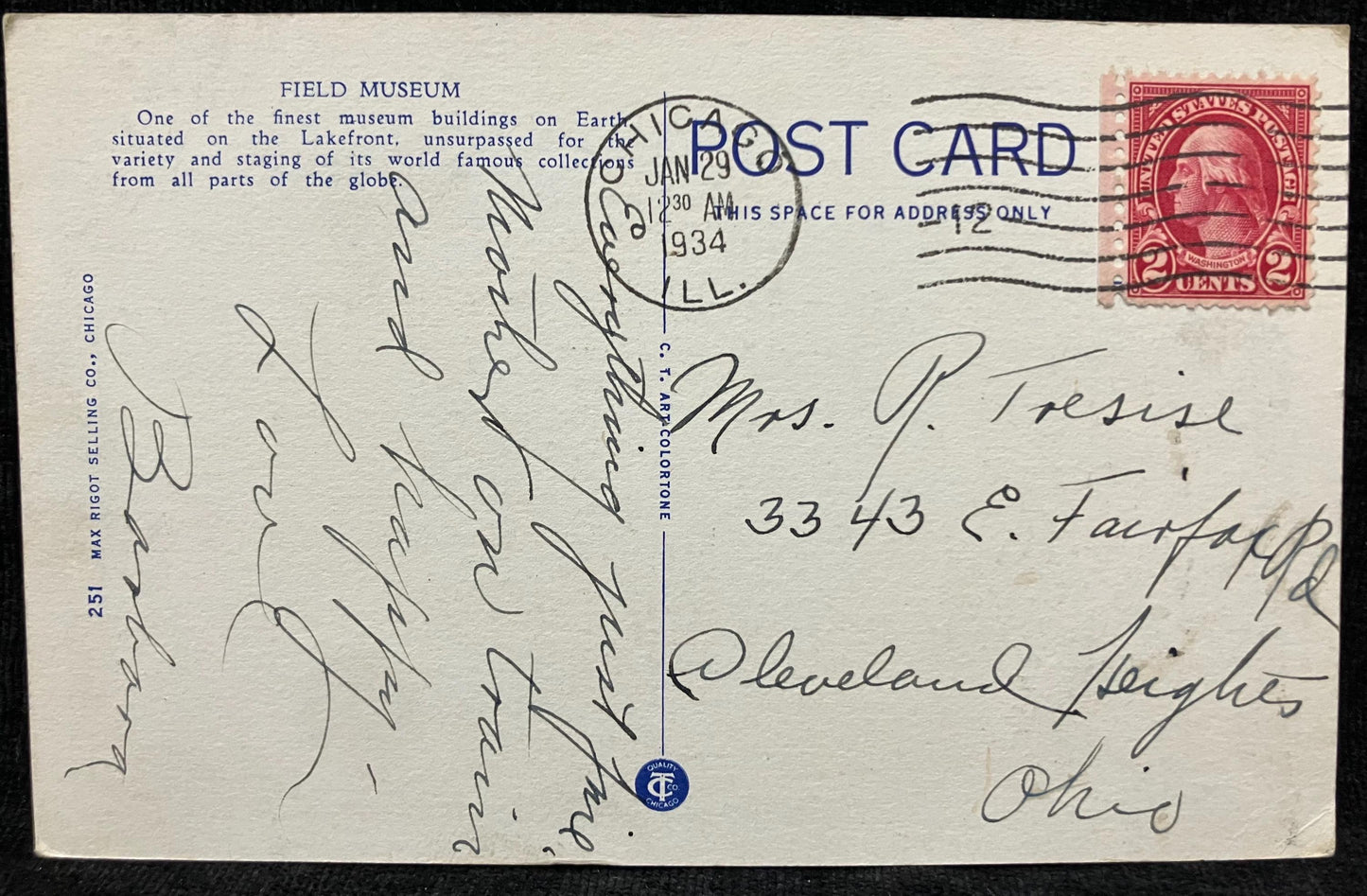 The Field Museum of Natural History, Chicago - Photo: Mario Scacherl - A. Lenke Studio, Chicago - Vintage Museum Postcard
