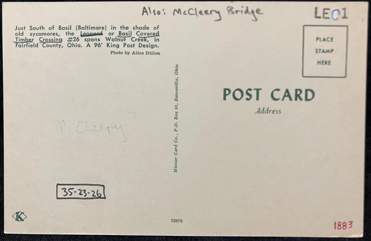 Basil Covered Timer Crossing, in Fairfield County, Ohio - McCleery Bridge - Photo: Alice Dillon - Vintage Covered Bridge Postcard