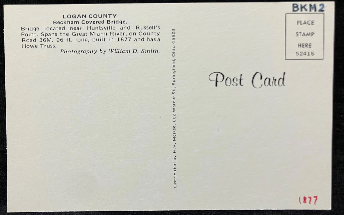 Beckham Covered Bridge in Logan County - Photography: William D. Smith - Vintage Covered Bridge Postcard