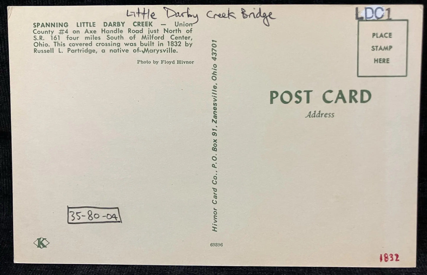 Covered Bridge near Milford Center, Ohio - Little Darby Creek Bridge - Photo: Floyd Hivnor - Vintage Covered Bridge Postcard