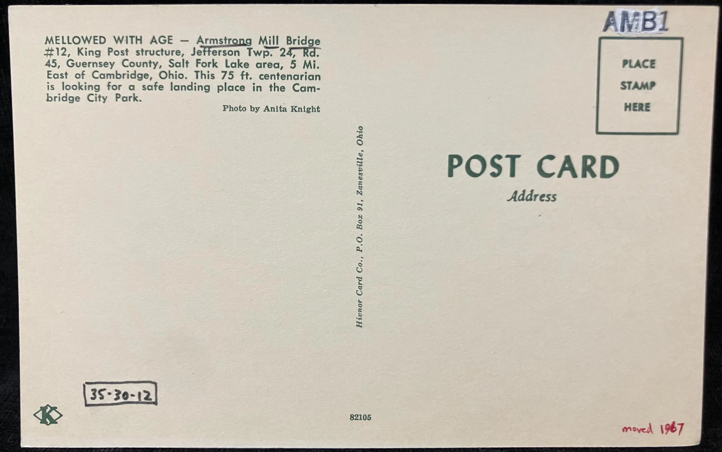 Armstrong Mill Bridge near Cambridge, Ohio - Photo: Anita Knight - Vintage Covered Bridge Postcard