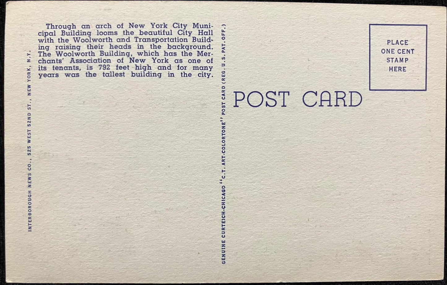 View Through the Arch of Municipal Building Showing City Hall, New York City, New York - Vintage Postcard