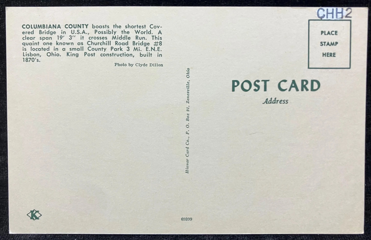 Churchill Road Bridge near Lisbon, Ohio - "The Shortest" - Photo: Clyde Dillon - Vintage Covered Bridge Postcard