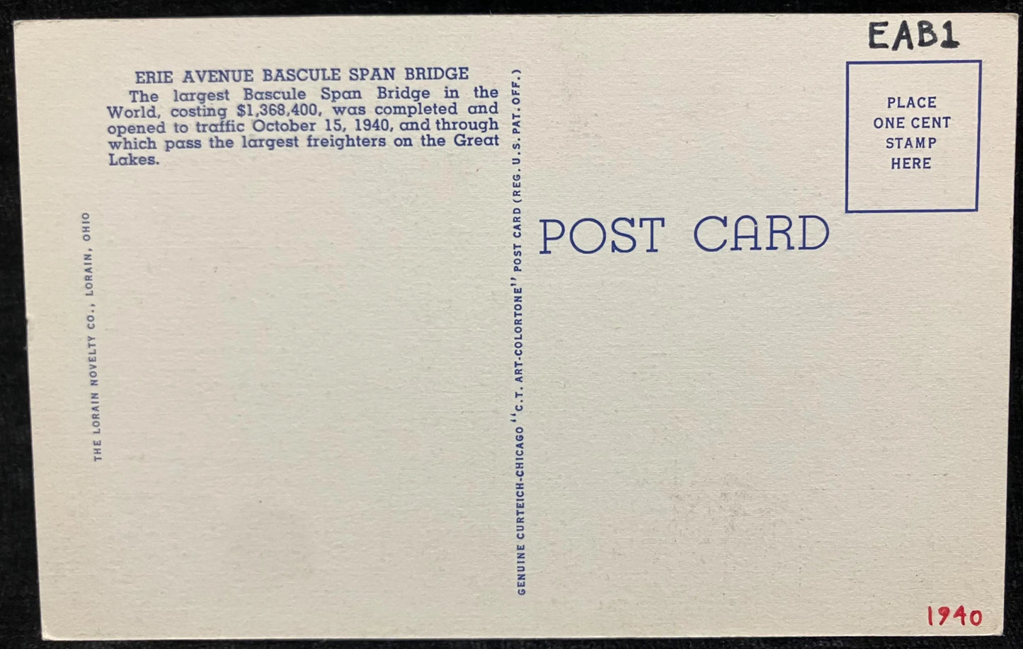 Erie Avenue Bascule Span Bridge, Loraine, Ohio - Vintage Linen Bridge Postcard