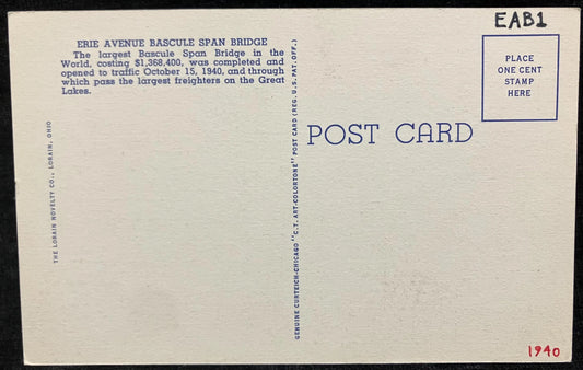 Erie Avenue Bascule Span Bridge, Loraine, Ohio - Vintage Linen Bridge Postcard