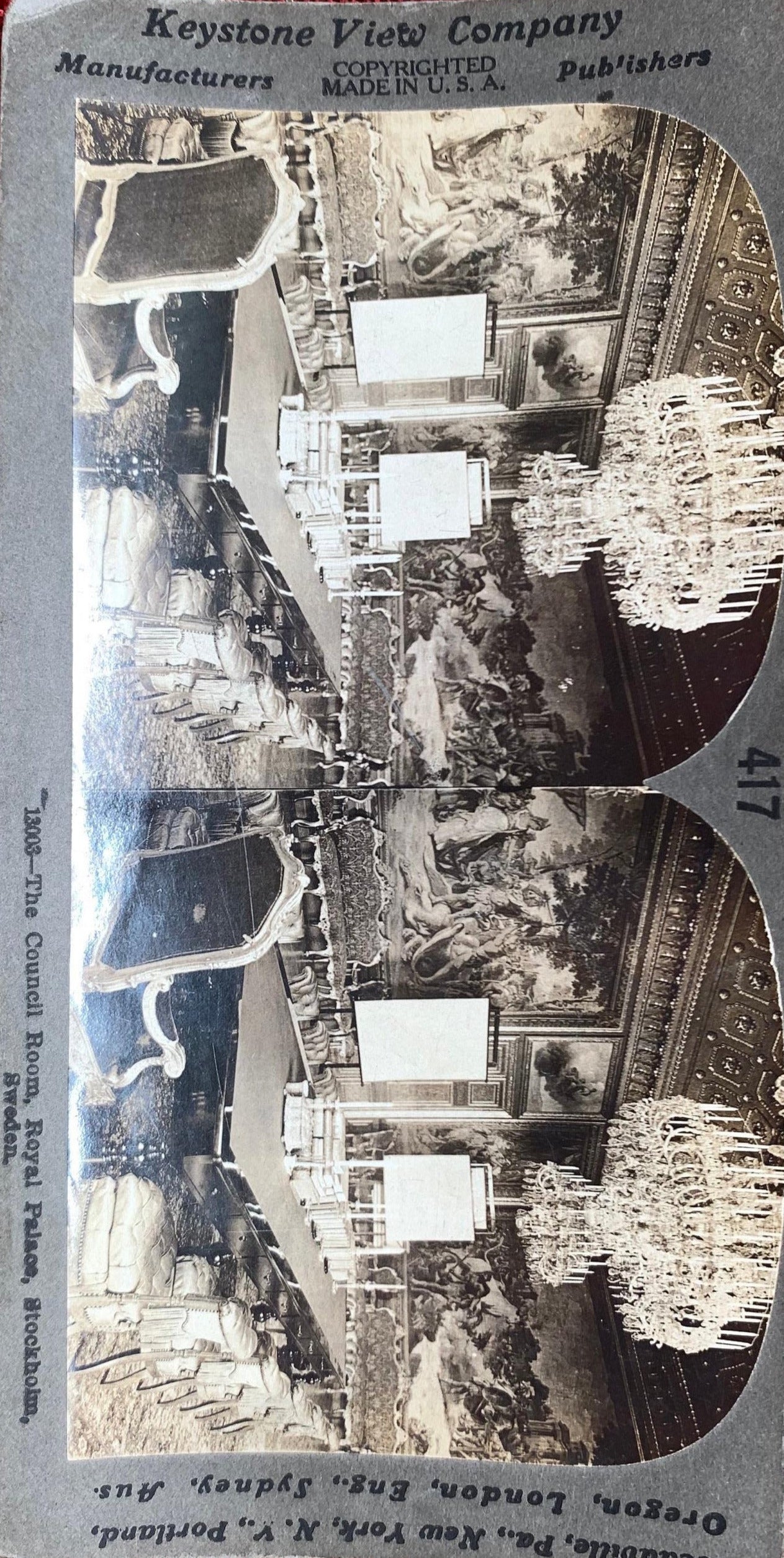 The Council Room - Royal Palace - Stockholm, Sweden - Vintage Stereoview Card - 1920s Educational Series