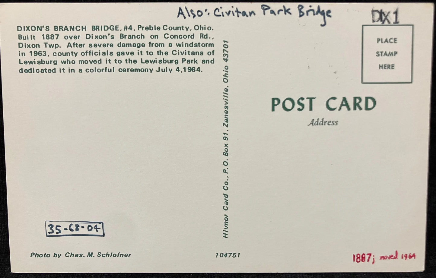 Dixon's Branch Bridge in Treble County, Ohio - Civitan Park Bridge - Photo: Chas. M. Schlofner - Vintage Covered Bridge Postcard