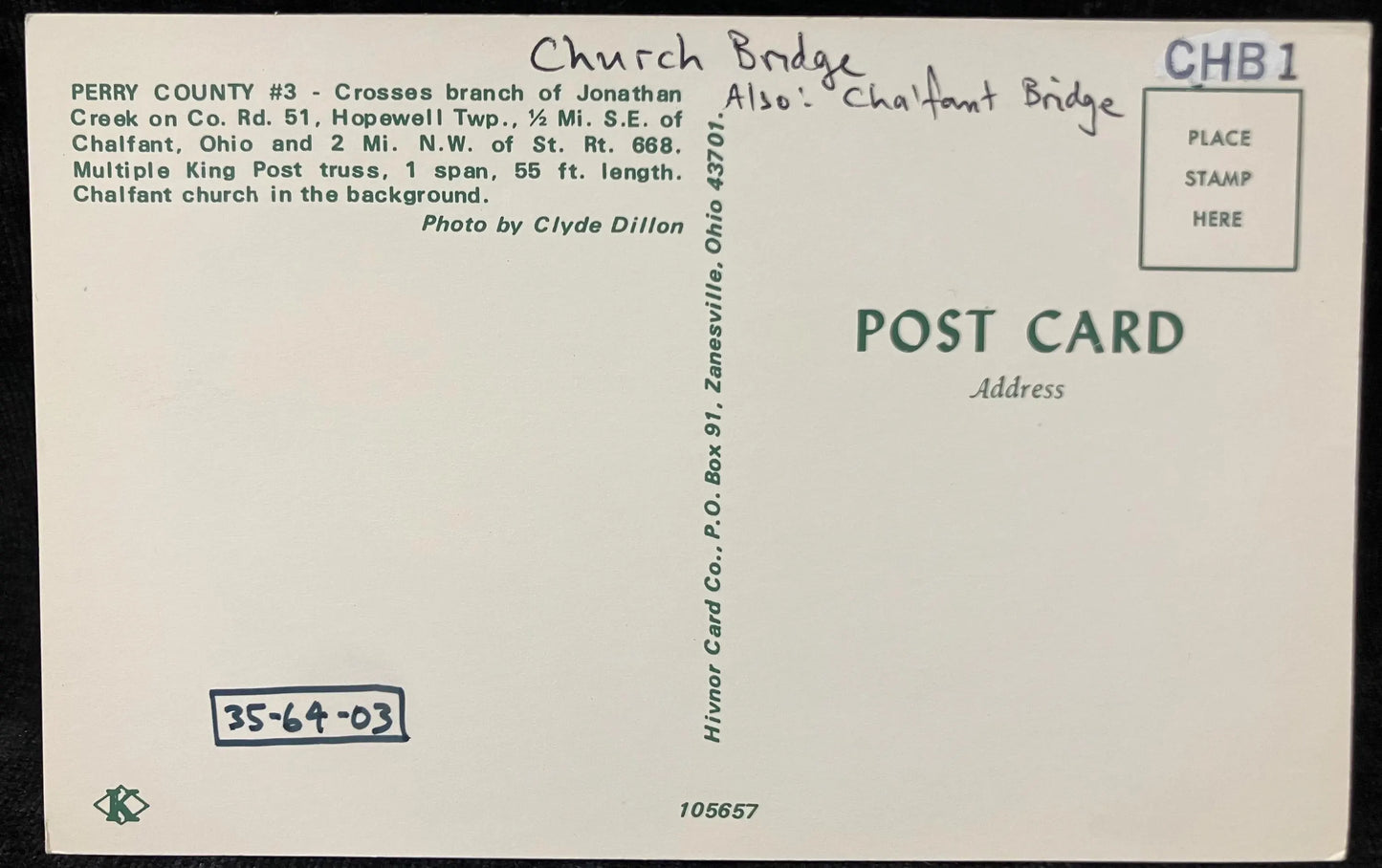 Church Bridge - Chalfant Bridge - Chalfant, Ohio - Photo: Clyde Dillon - Vintage Covered Bridge Postcard