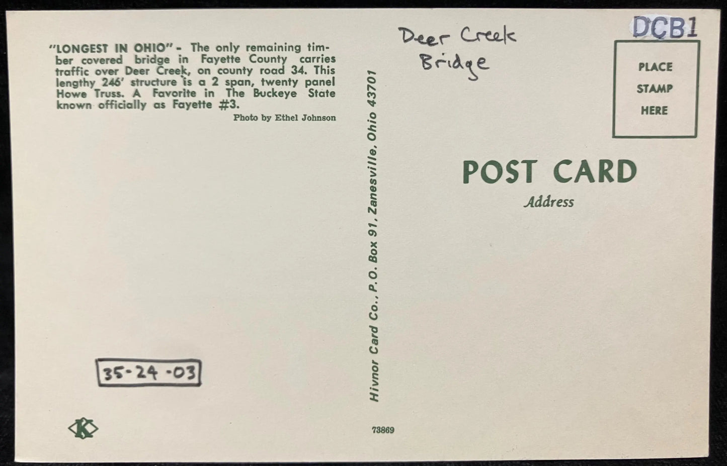 Fayette #3 Bridge or Deer Creek Bridge - Ohio - Photo: Ethel Johnson - Vintage Covered Bridge Postcard