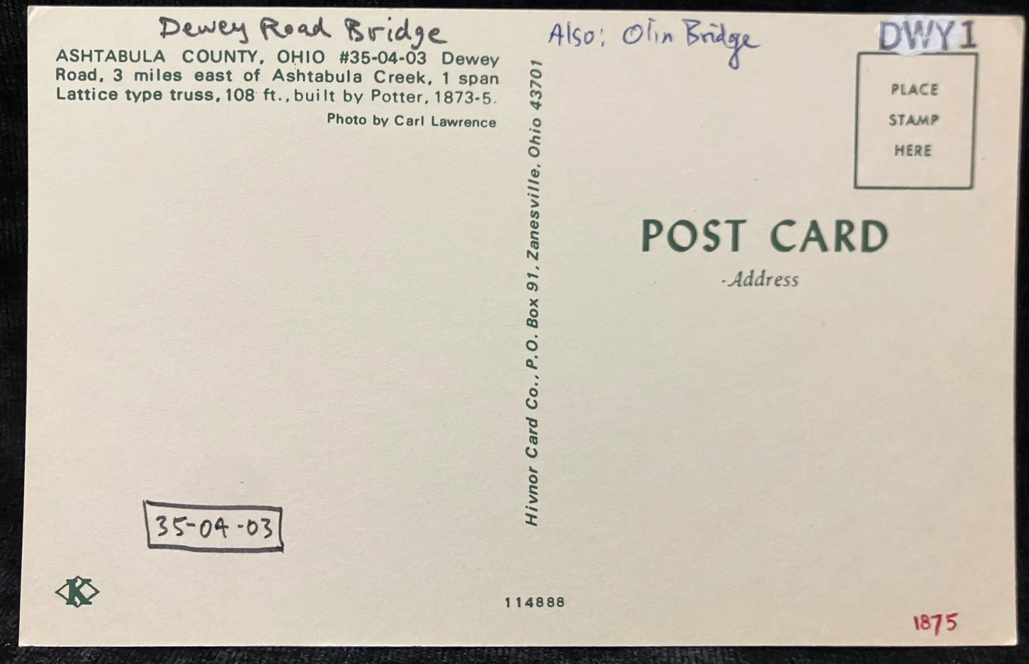 Dewey Road Bridge in Ashtabula County, Ohio - Photo: Carl Lawrence - Vintage Covered Bridge Postcard