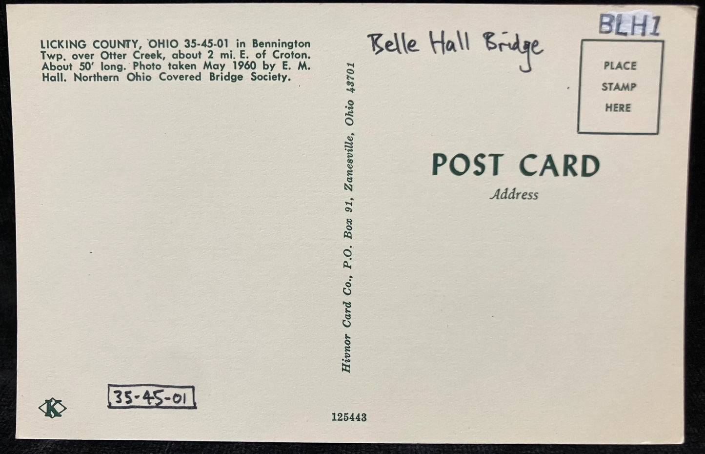 Belle Hall Bridge in Licking County, Ohio - Vintage Covered Bridge Postcard