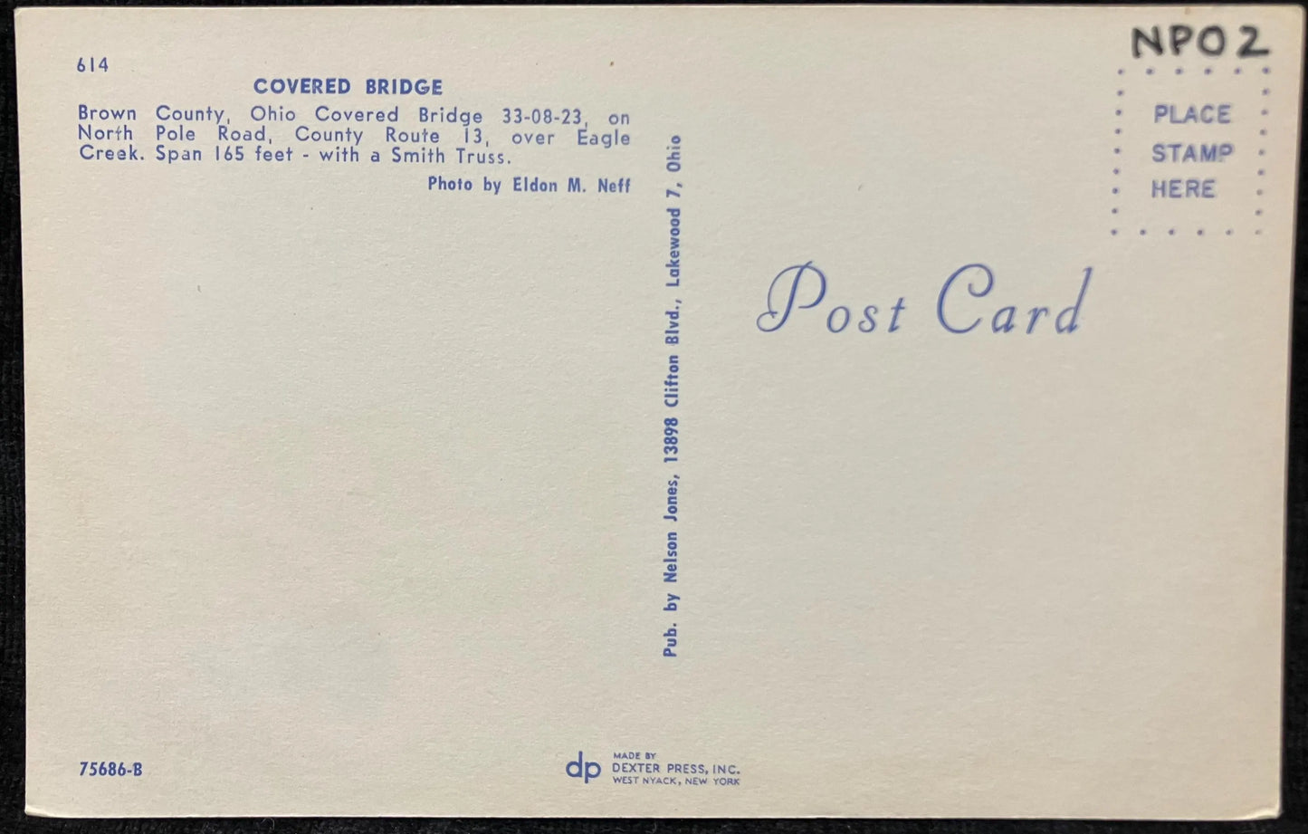 Covered Bridge in Brown County, Ohio - Photo: Eldon M. Neff - Vintage Covered Bridge Postcard