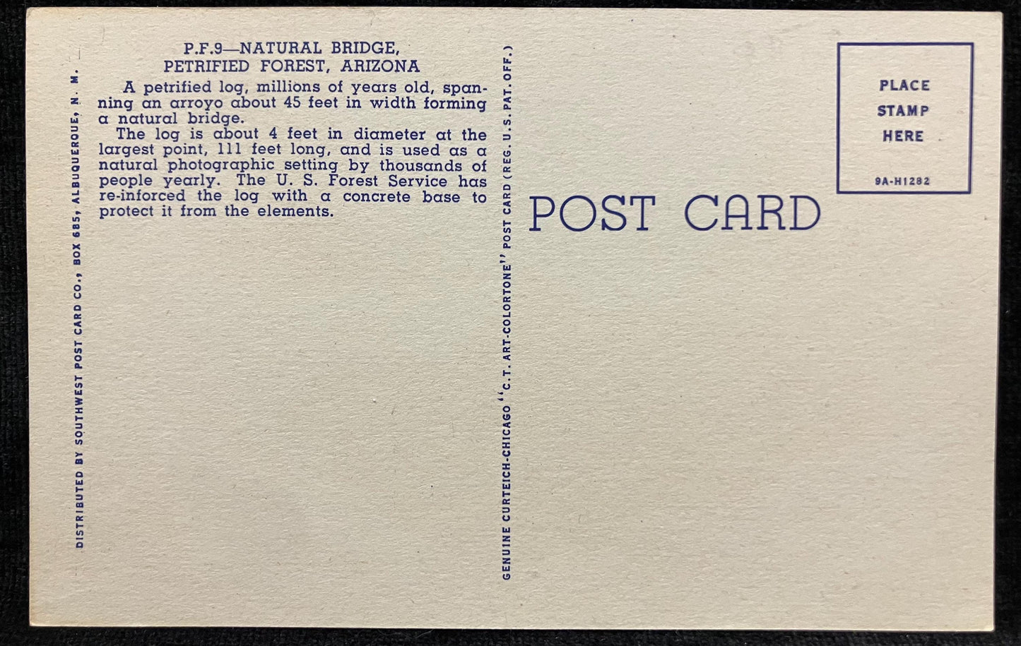 Natural Bridge - Petrified Forest, Arizona - 1940s LInen Postcard