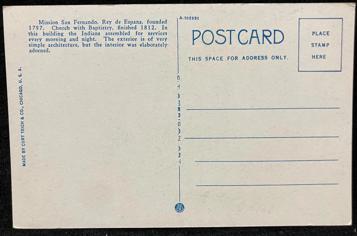 Mission San Fernando - 1797 - California - Church and Bapistry - Vintage Mission Postcard