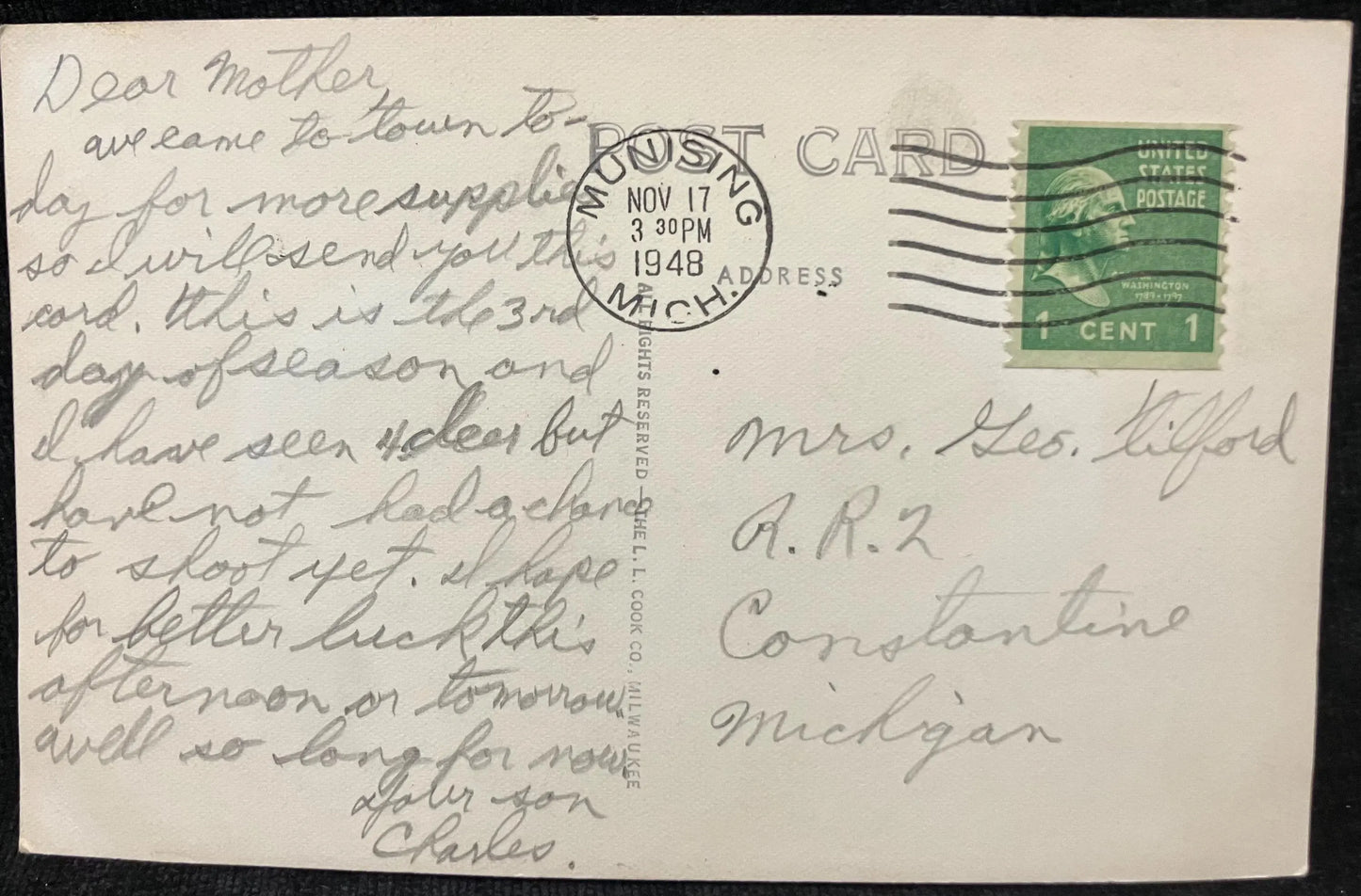 RPPC - Greetings from Munising, Michigan - In the Velvet - 1939 L. L. Cook Co. - Vintage Wildlife Postcard