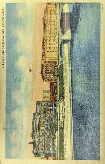 Library and Coliseum, Des Moines, Iowa - Postcard 1940s (Used)