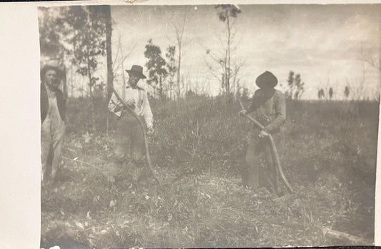 RPPC - Three Men Standing in a Field, Two in Hats are Using Scythes to Cut the Vegetation - a Third man is Visiting - 1930s Midwest Photo