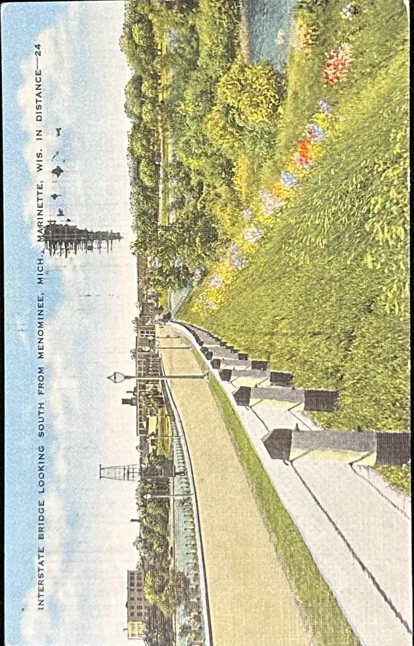 Interstate Bridge Looking South from Menominee, Michigan, Marinette, Wisconsin, in distance - Vintage Linen Postcard