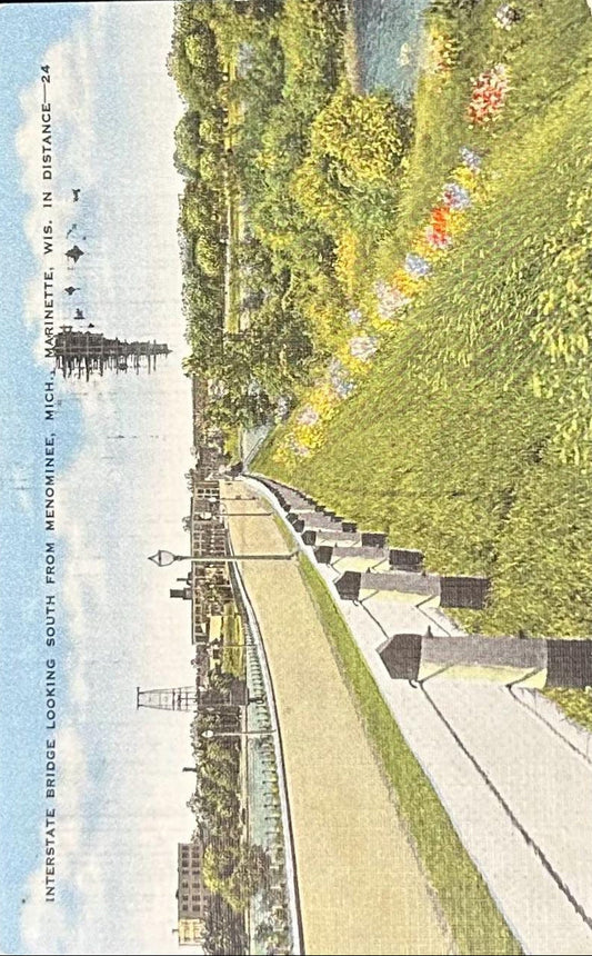 Interstate Bridge Looking South from Menominee, Michigan, Marinette, Wisconsin, in distance - Vintag