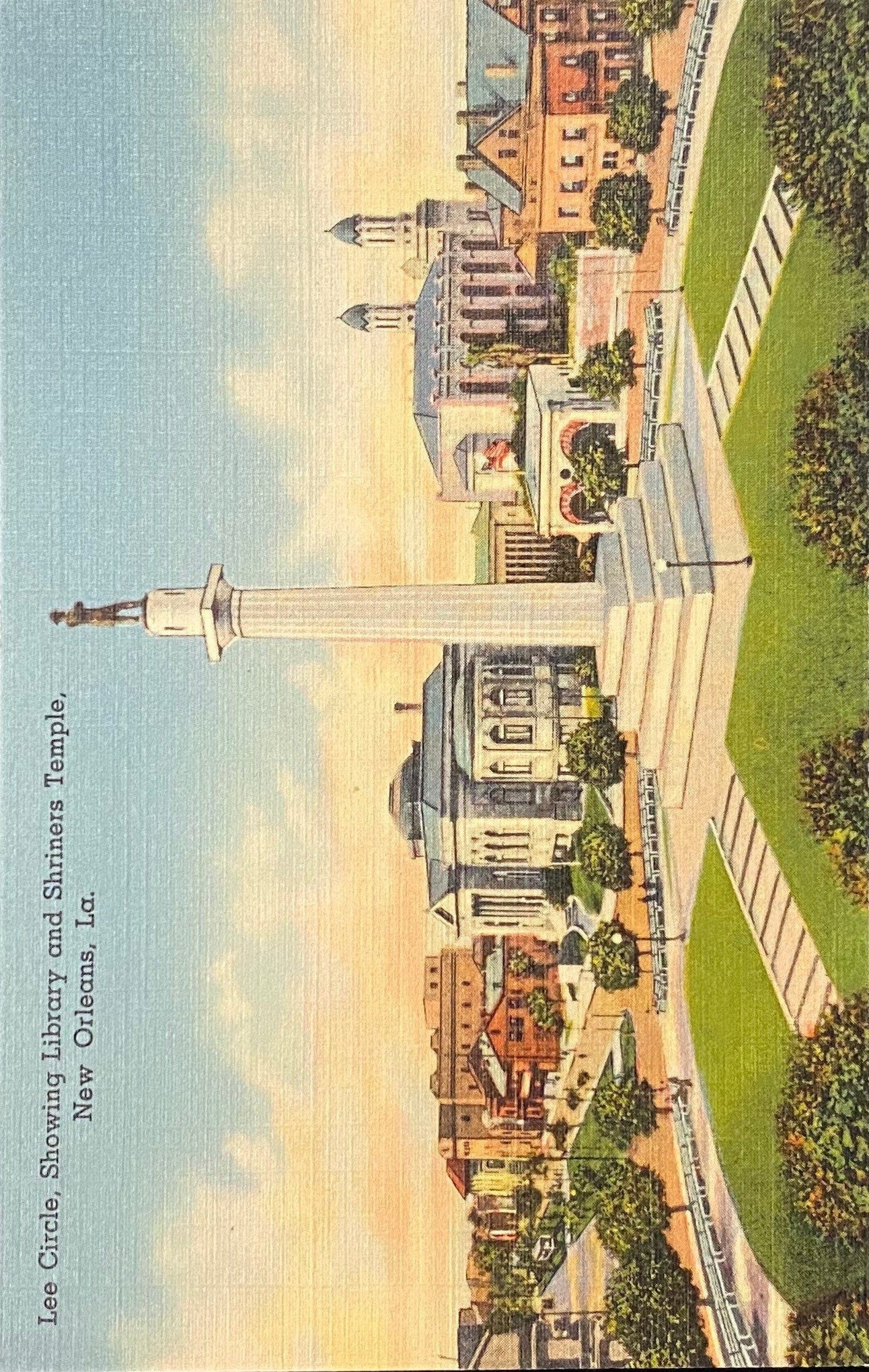 Lee Circle, Showing Library and Shriners Temple, New Orleans, Louisiana - 1937 Linen Postcard