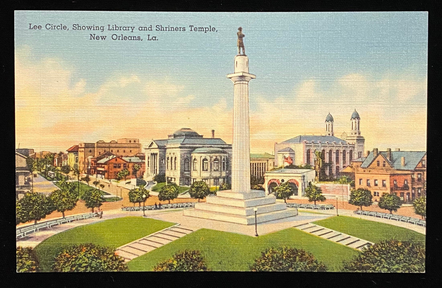 Lee Circle, Showing Library and Shriners Temple, New Orleans, Louisiana - 1937 Linen Postcard