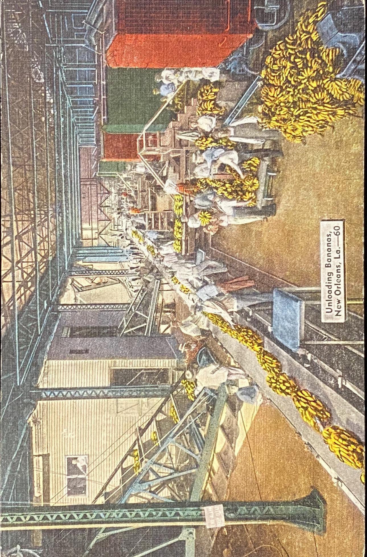 Unloading Bananas - New Orleans, Louisiana - 1940s Linen Postcard