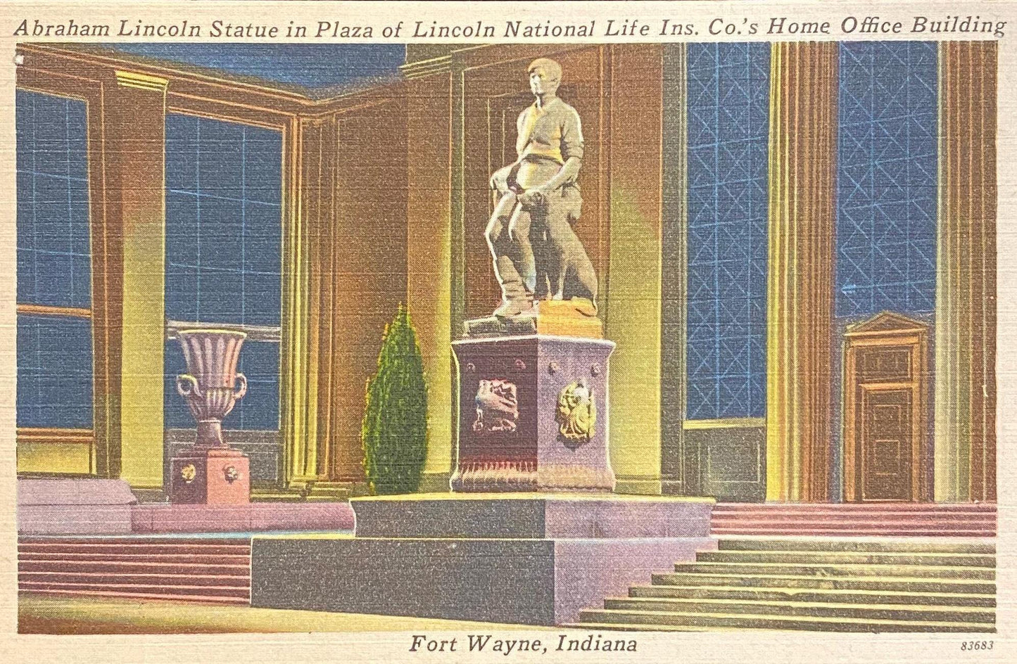 Abraham Lincoln Statue - Plaza of Lincoln National Life Ins. Co.'s Office Building - Fort Wayne, Indiana - 1940s Linen Postcard