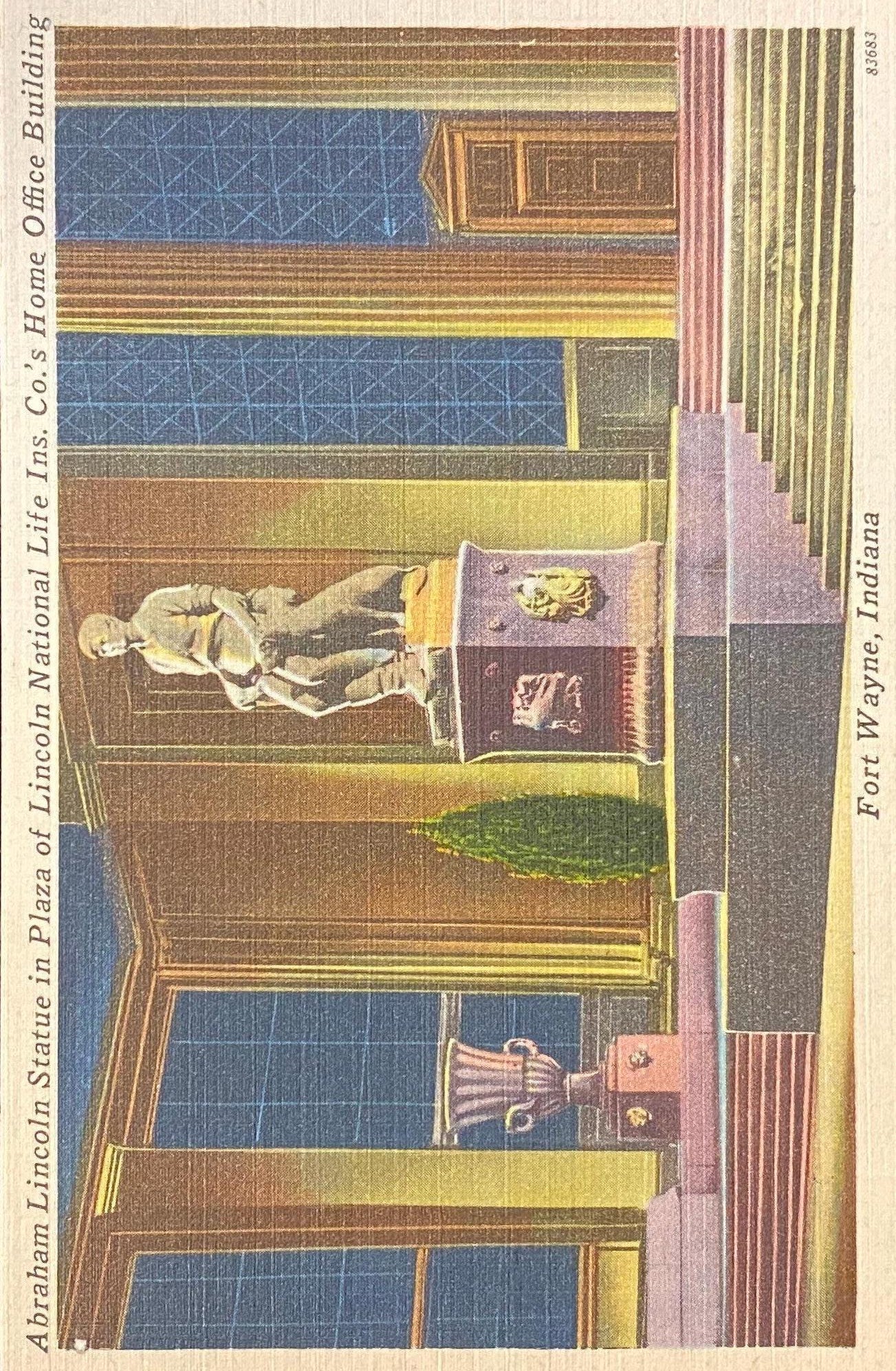 Abraham Lincoln Statue - Plaza of Lincoln National Life Ins. Co.'s Office Building - Fort Wayne, Indiana - 1940s Linen Postcard