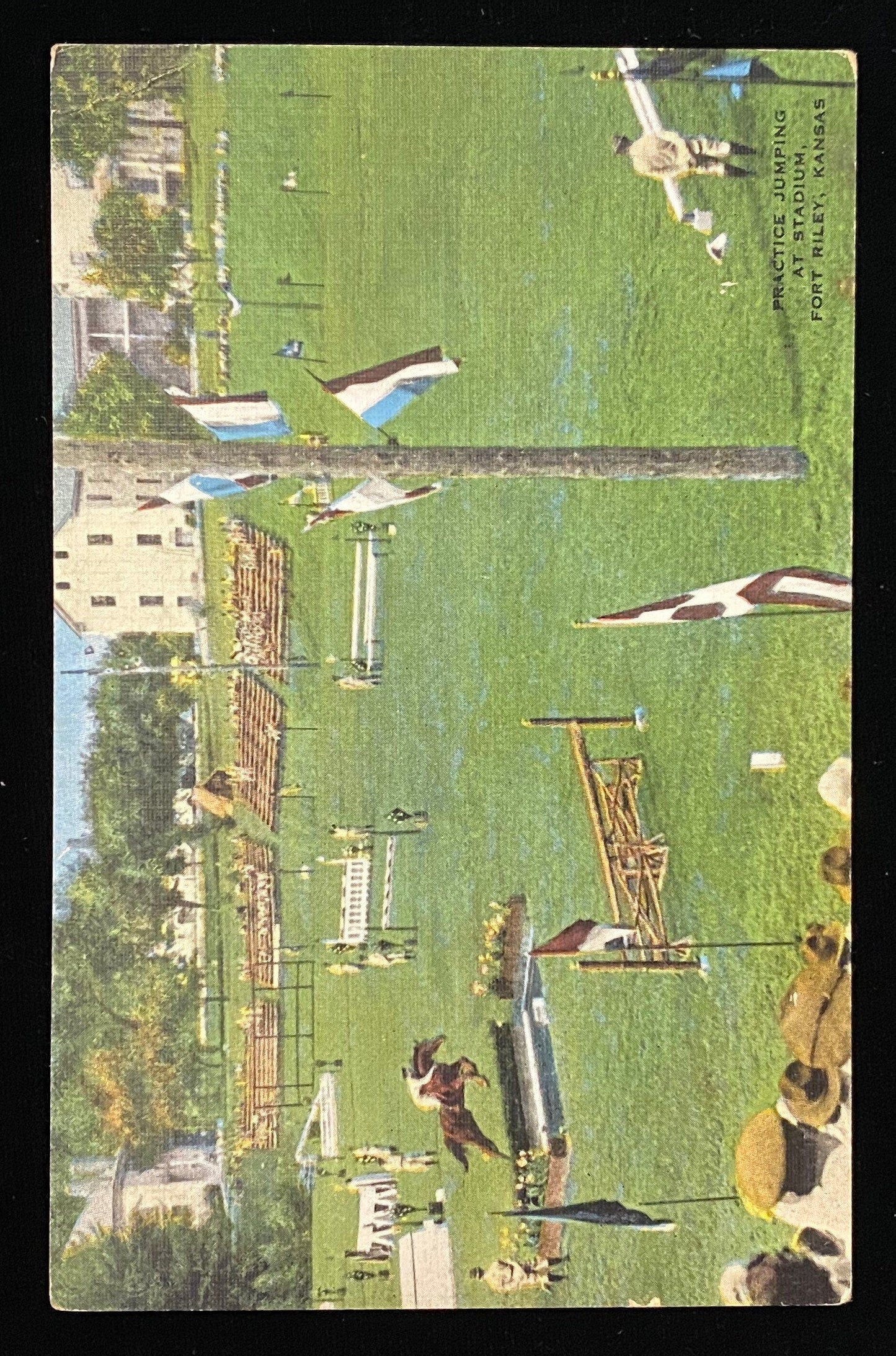 Practice Jumping at Stadium - Fort Riley, Kansas - 1940s Linen Postcard