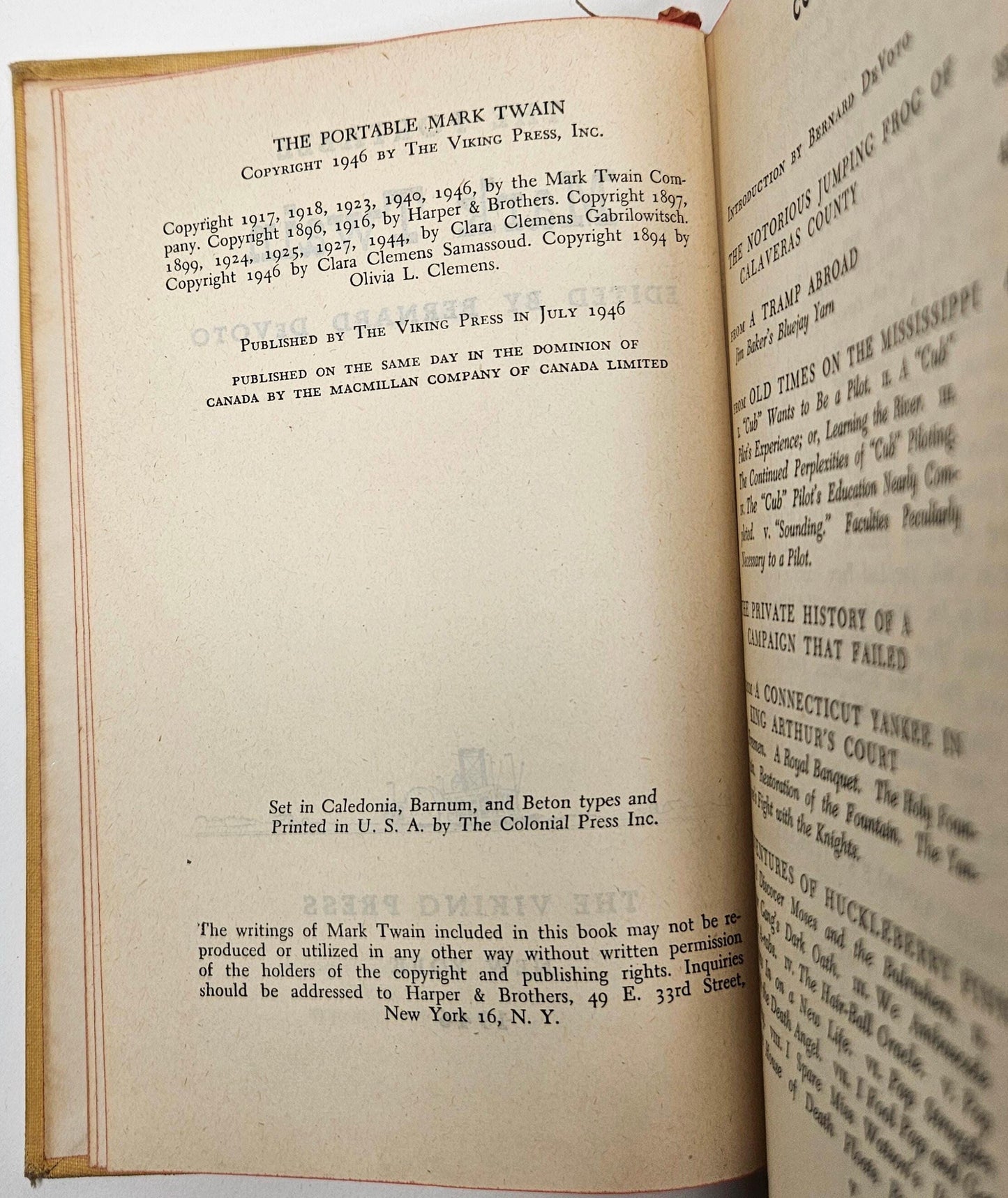 The Portable by Mark Twain- Edited by Bernard DeVoto - Copyright 1946 - Published By The Viking Press New York - Hardcover- No Dust Jacket