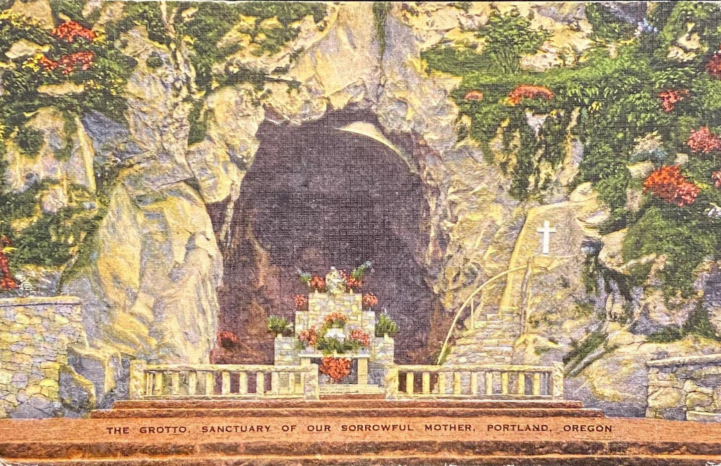 The Grotto - Sanctuary of Our Sorrowful Mother - Portland, Oregon - 1950s Linen Postcard