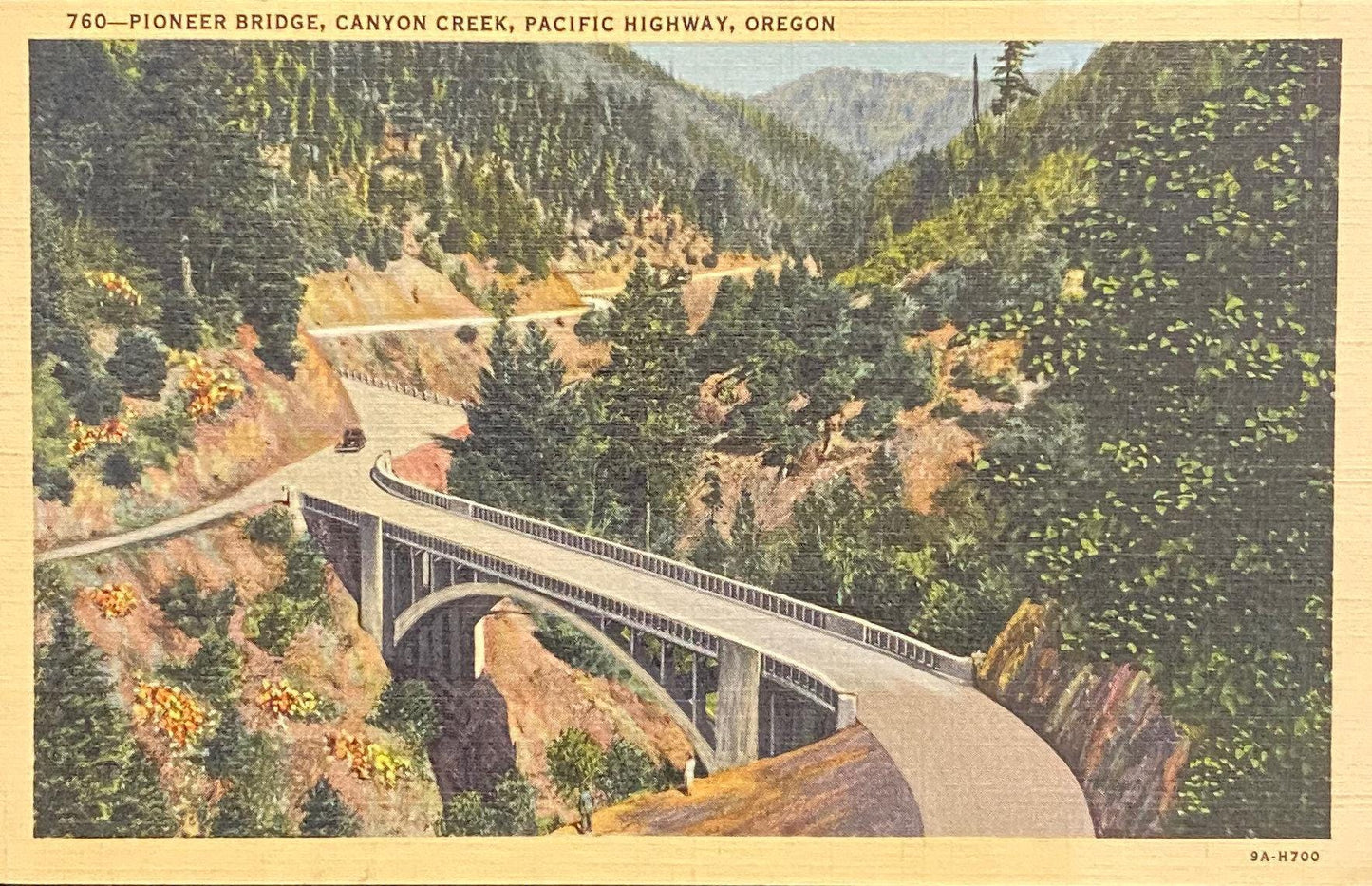 Pioneer Bridge, Canyon Creek, Pacific Highway, Oregon - 1940s Linen Postcard