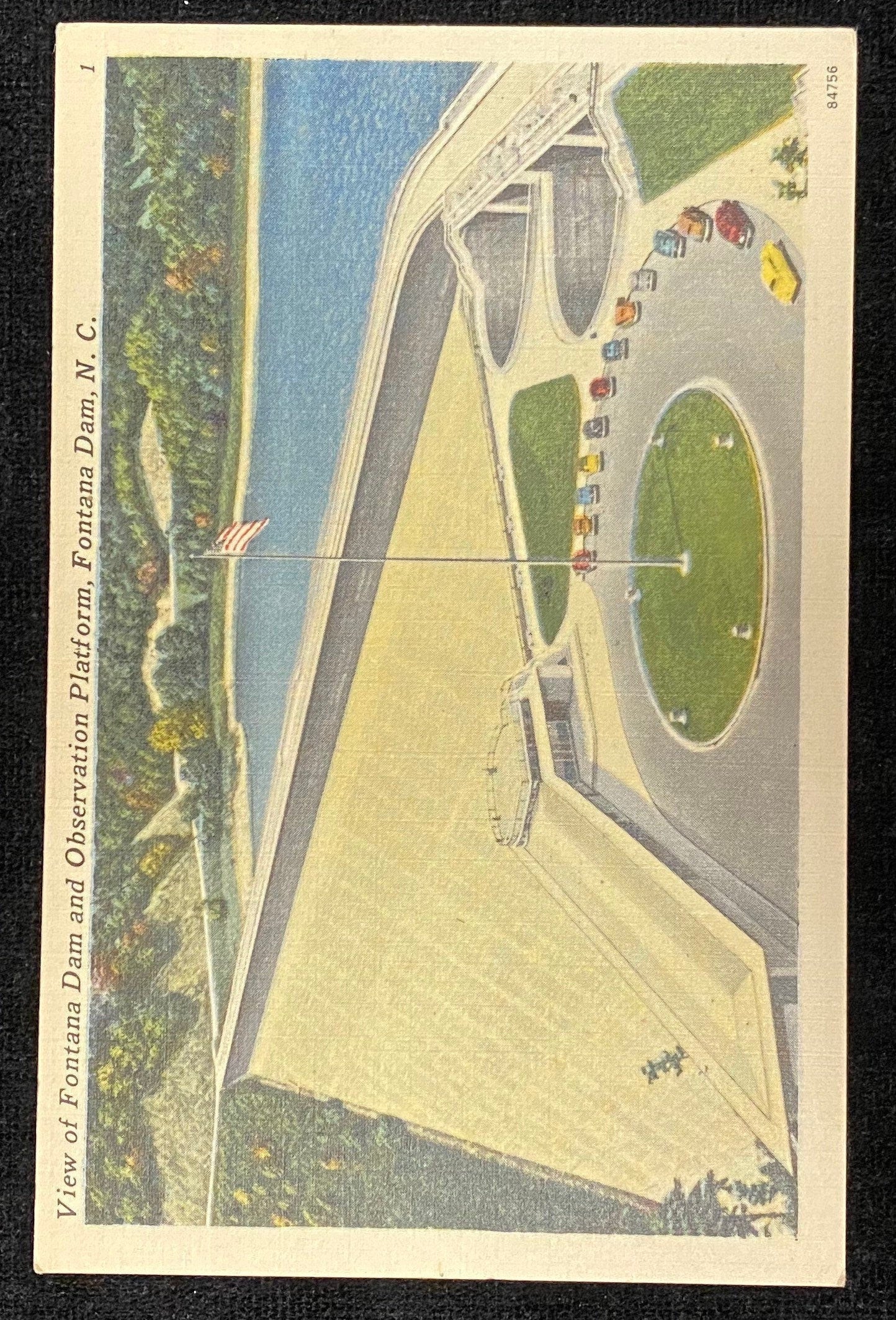 View of Fontana Dam - Observation Platform - Fontana Dam, North Carolina - 1950s Linen Postcard