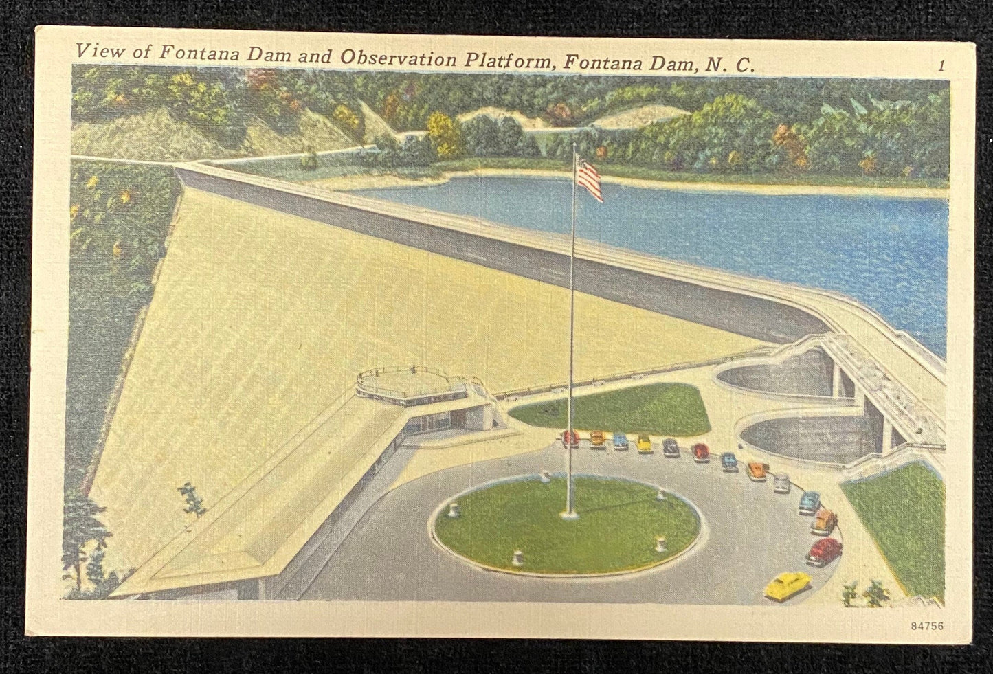 View of Fontana Dam - Observation Platform - Fontana Dam, North Carolina - 1950s Linen Postcard