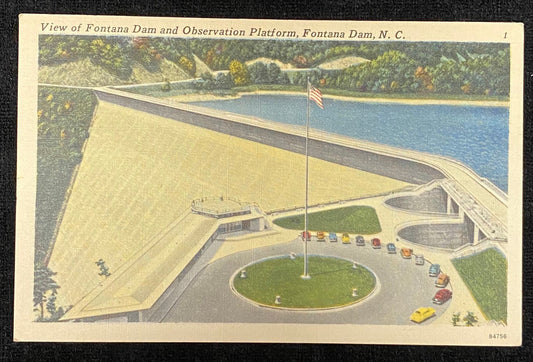 View of Fontana Dam - Observation Platform - Fontana Dam, North Carolina - 1950s Linen Postcard