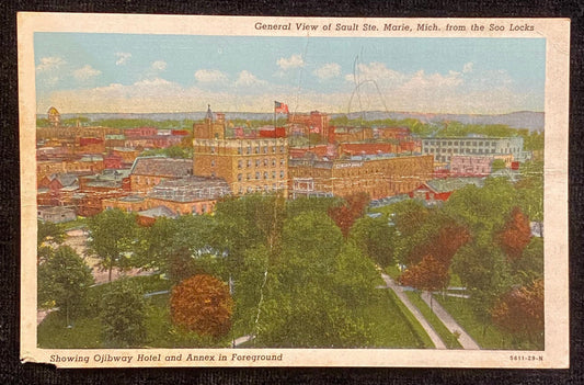General View - Sault Ste. Marie, Michigan - Soo Locks - 1940s Linen Postcard