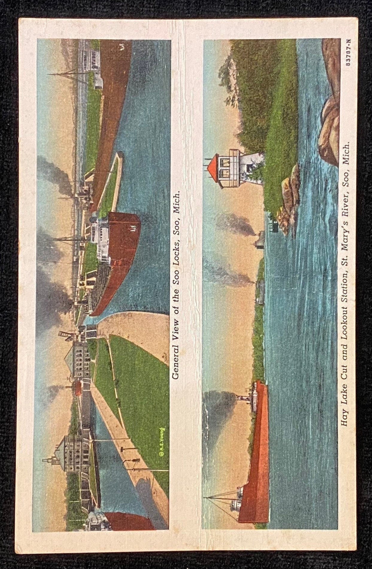 Hay Lake Cut and Lookout Station - St. Mary's River - Soo, Michigan - 1940s Linen Postcard