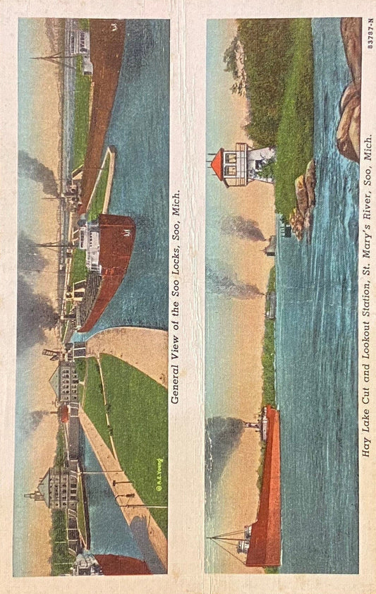Hay Lake Cut and Lookout Station - St. Mary's River - Soo, Michigan - 1940s Linen Postcard