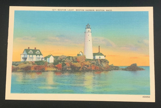 Boston Light - Boston Harbor - Boston, Massachusetts - 1940s Linen Postcards