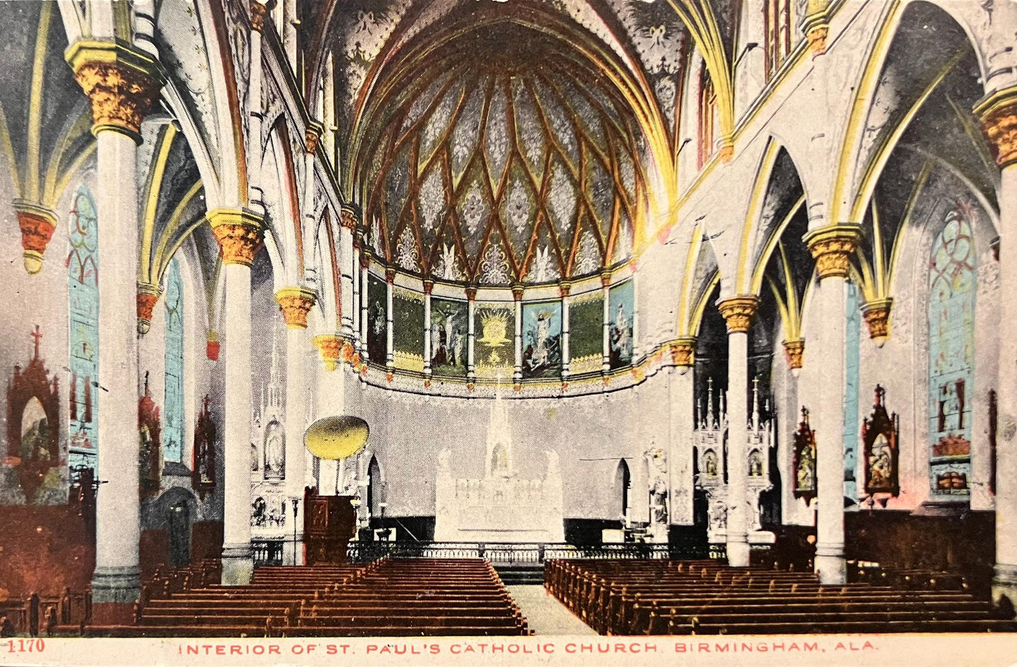 Interior of St. Paul’s Catholic Church - Birmingham, Alabama - 1900s Church Postcard