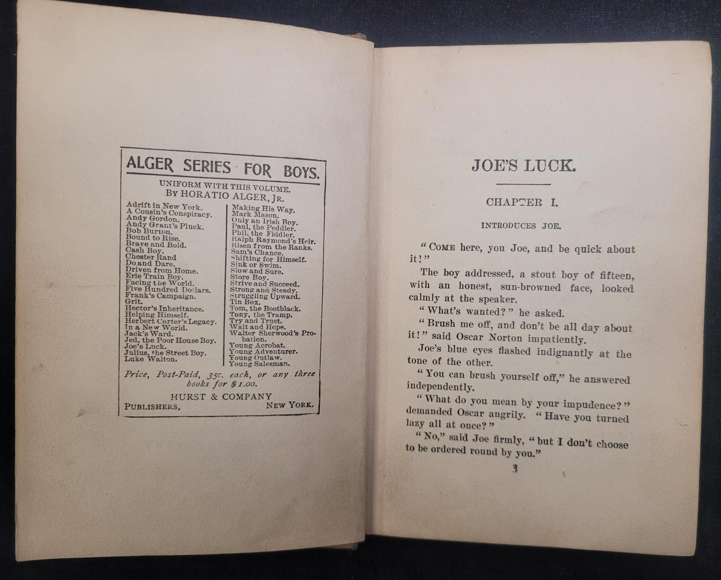 Joe's Luck or Always Wide Awake - by Horatio Alger, Jr - Published by Hurst and Co. - Horatio Alger Series for Boys - 1908