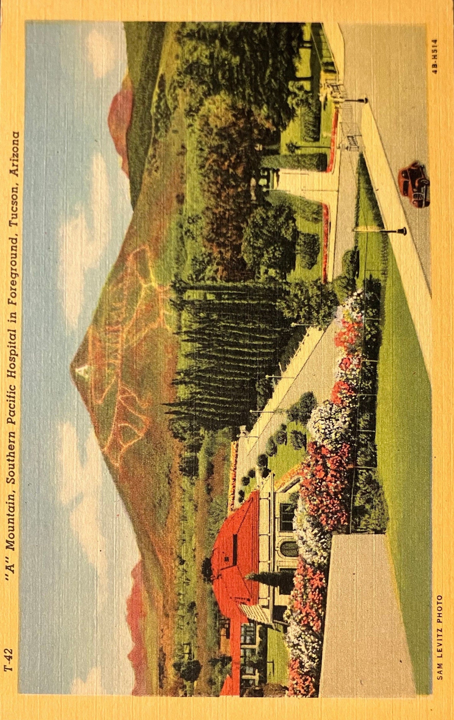 T-42 - “A” Mountain - Southern Pacific Hospital in Foreground - Tucson, Arizona - Photo by Sam Levitz - 1940s Linen Postcard