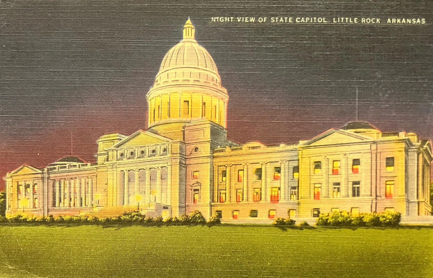 Night View of State Capitol - Little Rock, Arkansas - 1940s Linen Postcard