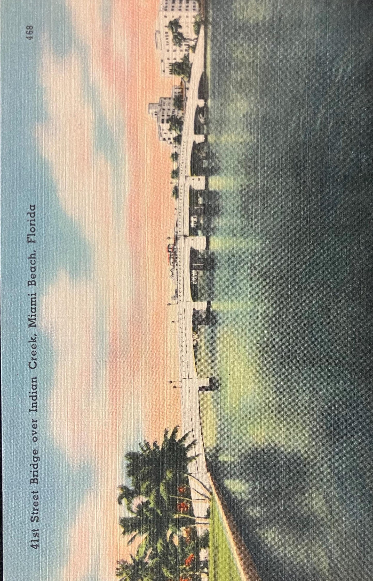 41st Street Bridge over Indian Creek, Miami Beach, Florida - Linen Bridge Postcard