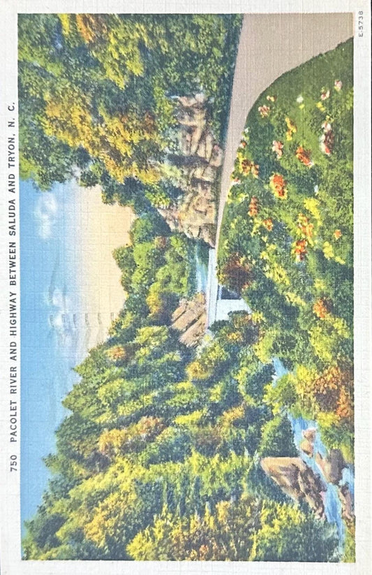 750 Pacolet River and Highway between Saluda and Tryon, North Carolina - Linen Postcard