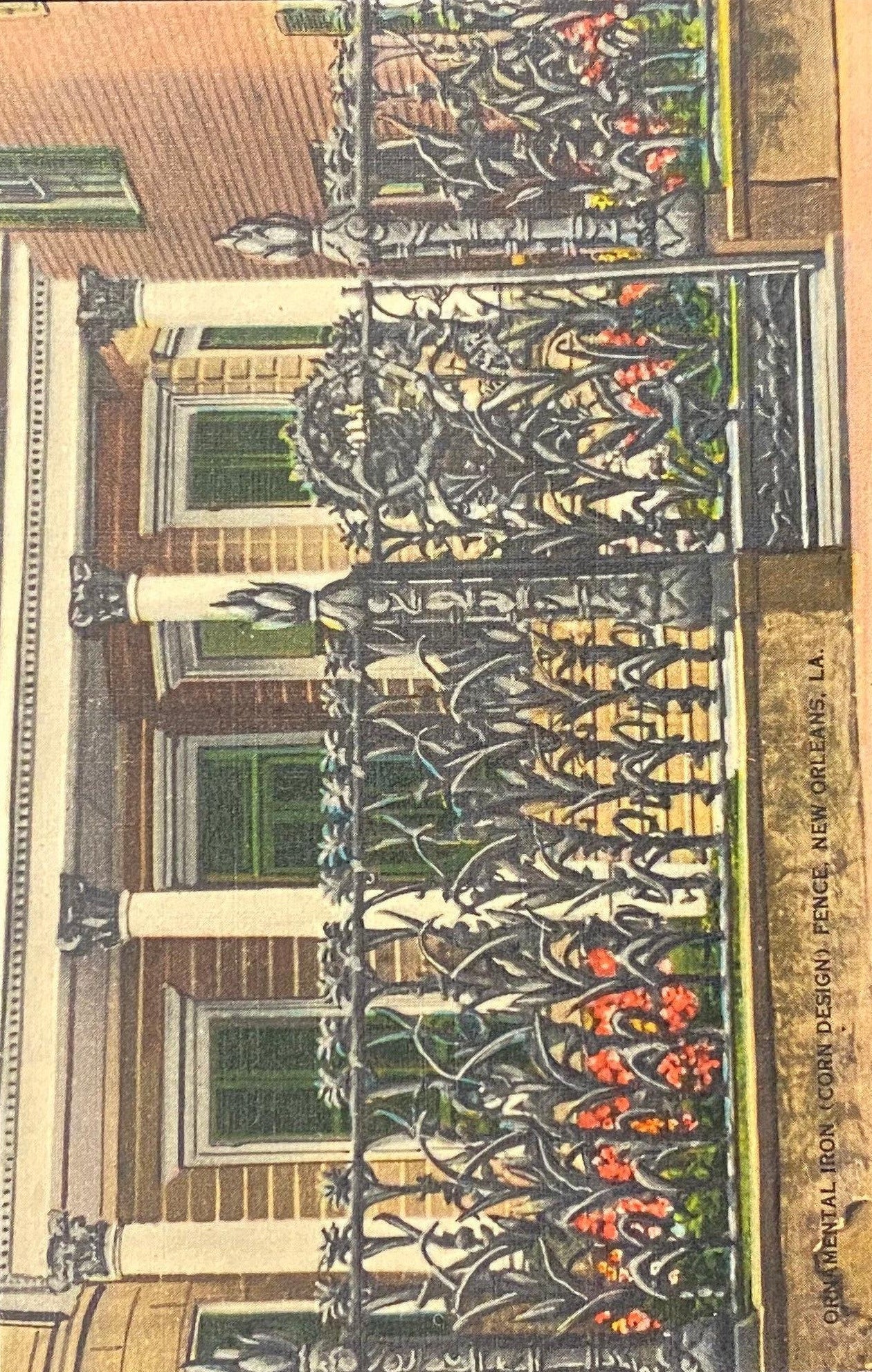 Ornamental Iron (Corn Design) Fence - New Orleans, Louisiana - 1940s Linen Postcard
