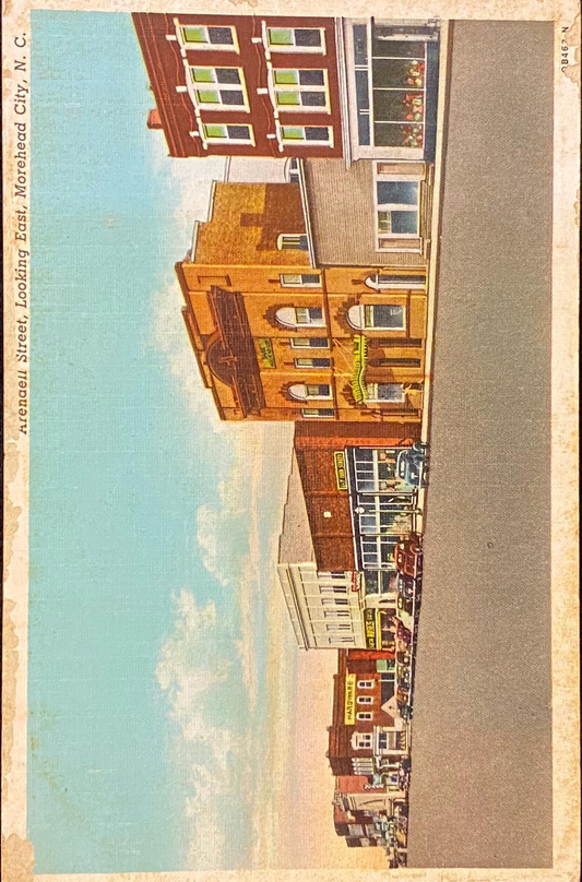 Arendell Street - Looking East - Morehead City, North Carolina - 1940s Linen Postcard