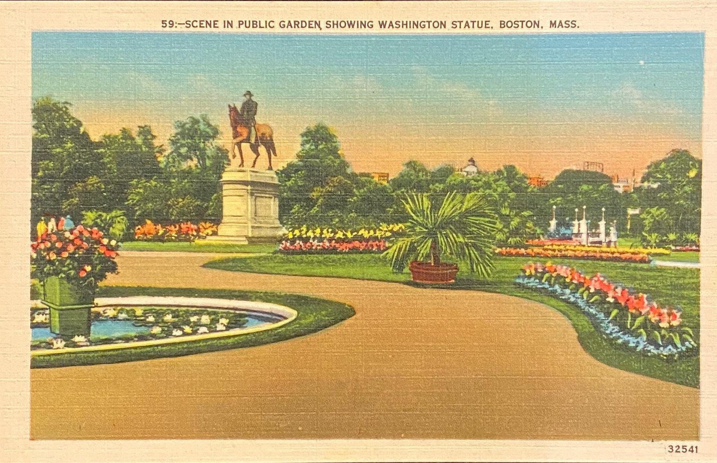 Scene in Public Garden - Washington Statue - Boston, Massachusetts - 1940s Linen Postcard