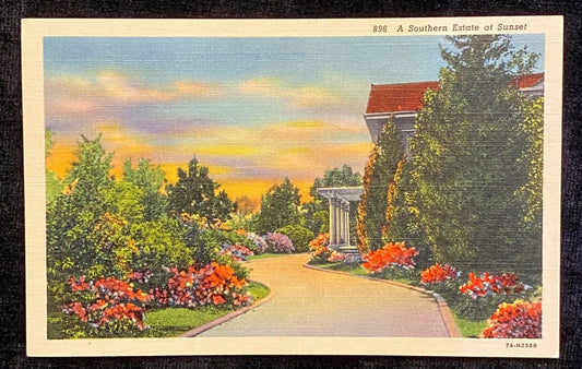 A Southern Estate, Southern State of United States - Sunset - 1937 Linen Postcard