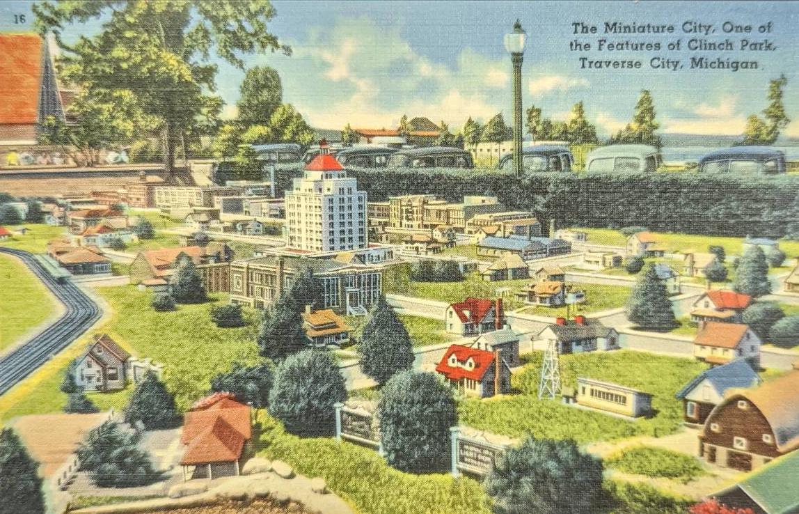 The Miniature City - One of the Features of Clinch Park - Traverse City, Michigan - 1940s Linen Postcard